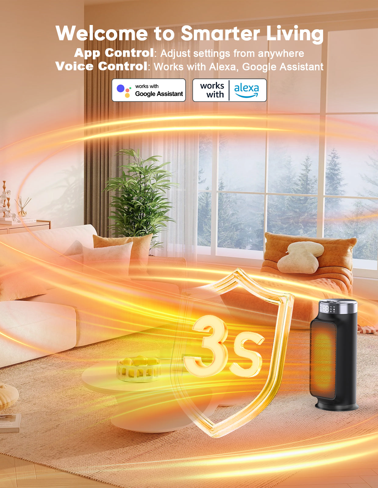 Smart Space Heater, 1500W PTC Heater with Wifi/App/Alexa/Google Voice Control